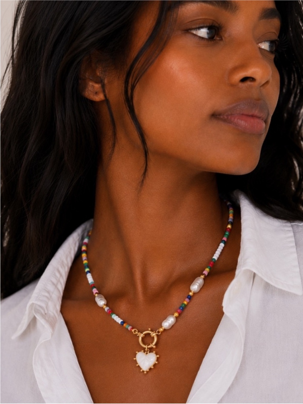 New! Preppy Y2K Mixed Beaded White Heart Necklace NWOT 1030